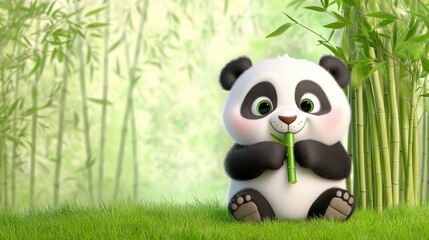 Naklejka premium Cute cartoon panda eating bamboo in a lush green environment