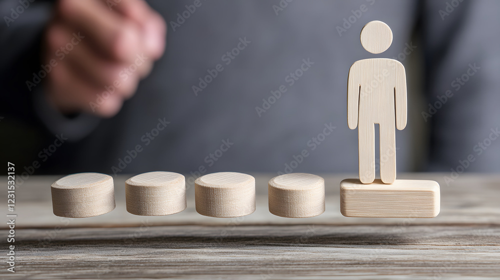 Poster a wooden figure stands on a raised platform, symbolizing progress or achievement, while a hand gestu