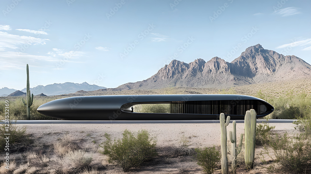 Poster a sleek, modern structure is set against a desert landscape with mountains and cacti, highlighting t