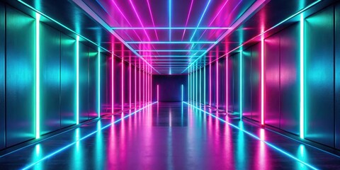 Fototapeta premium Futuristic Corridor with Vibrant Neon Lighting and Reflective Floor