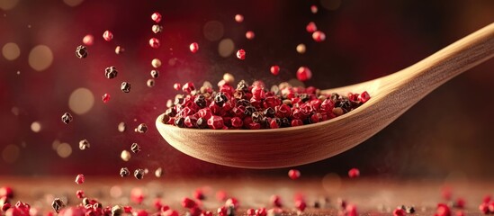 Vibrant peppercorns in shades of red, pink, and black cascade from a wooden spoon against a soft bokeh background capturing their aromatic essence.