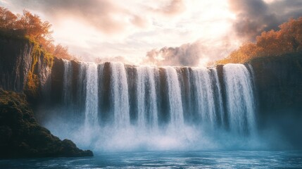 Fototapeta premium Majestic waterfall at sunset, autumn foliage, serene nature scene, travel photography