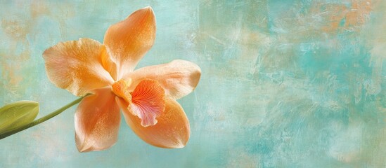 Delicate peach flower blooming against a textured mint background evocative of hope and renewal ideal for spring and nature themes.