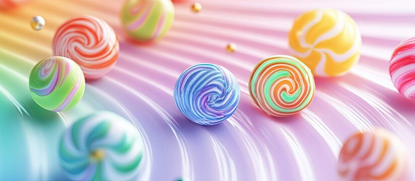 Vibrant tibble candies in pastel swirl background with soft color gradients and highlights creating an enchanting abstract design with charm