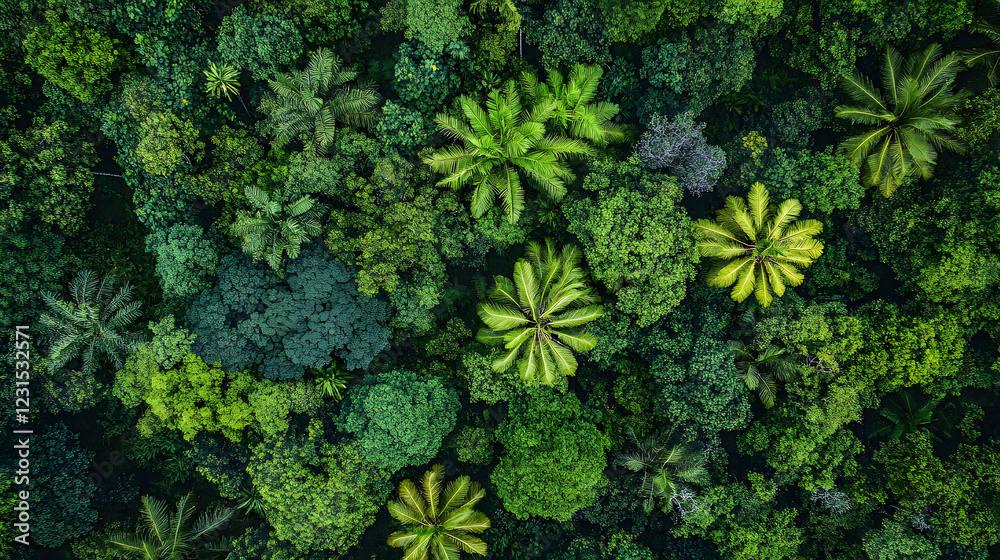 Poster aerial view of a dense, lush green forest showcasing a variety of trees and foliage in different sha