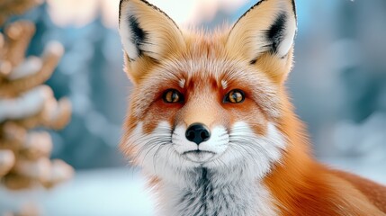 Obraz premium Close-up of a Beautiful Red Fox with Winter Landscape Background