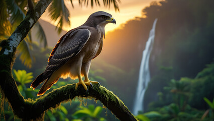 Fototapeta premium Javan Hawk on its habitat, Javanese Forest, extinct animal sunset, tropical forest, river, created by generative ai