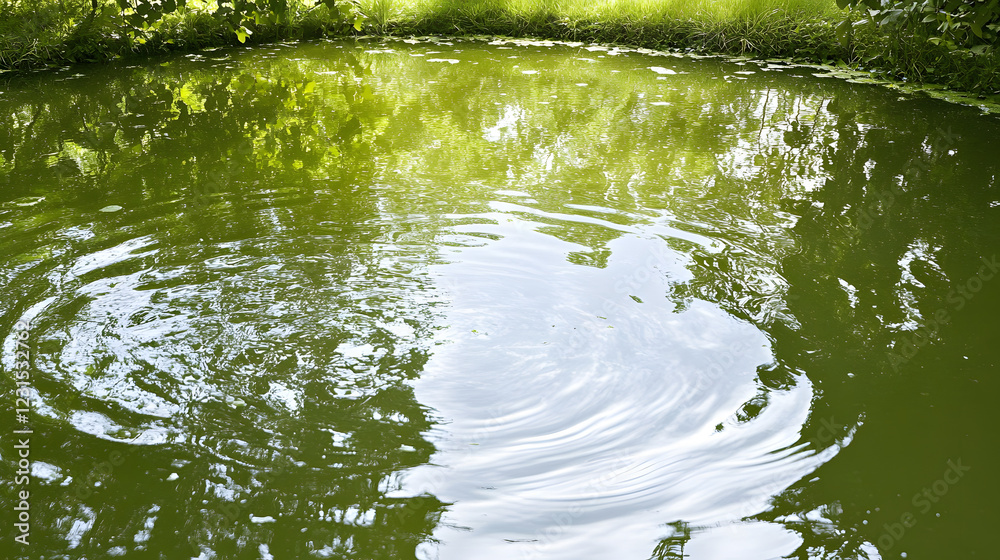 Poster a tranquil pond with green water reflecting surrounding trees, featuring gentle ripples that disturb