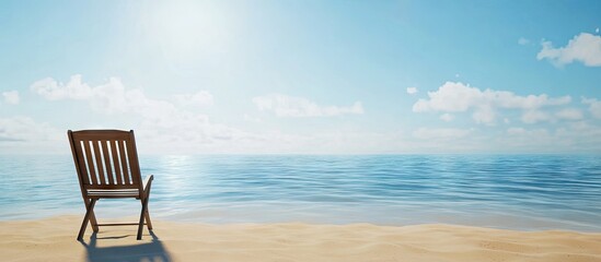 Obraz premium Empty wooden folding chair on sandy beach facing serene blue sea under clear sky with soft clouds inviting relaxation and peaceful moments by water