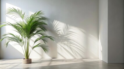 Serene Minimalist Room Decor Featuring a Lush Potted Palm Plant Casts Shadow on Wall