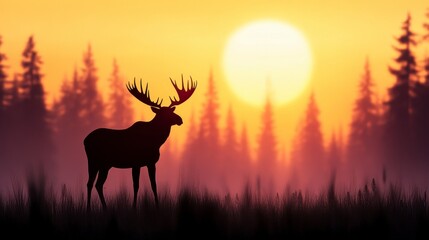 Naklejka premium Majestic Moose Silhouette Against Stunning Sunset Over Forest