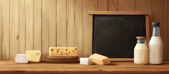 Dairy products displayed on a wooden table with a black chalkboard background featuring cheese types, milk bottles, and yogurt pots on the left