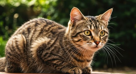 Obraz premium Playful tabby cat crouching in a lush garden, observing surroundings