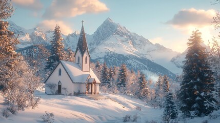 Fototapeta premium Idyllic Winter Landscape with a Chapel in the Alps