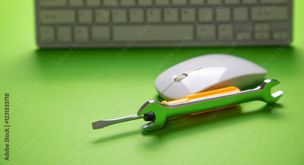 Wall mural wrench and screwdriver with a computer keyboard. it service. support