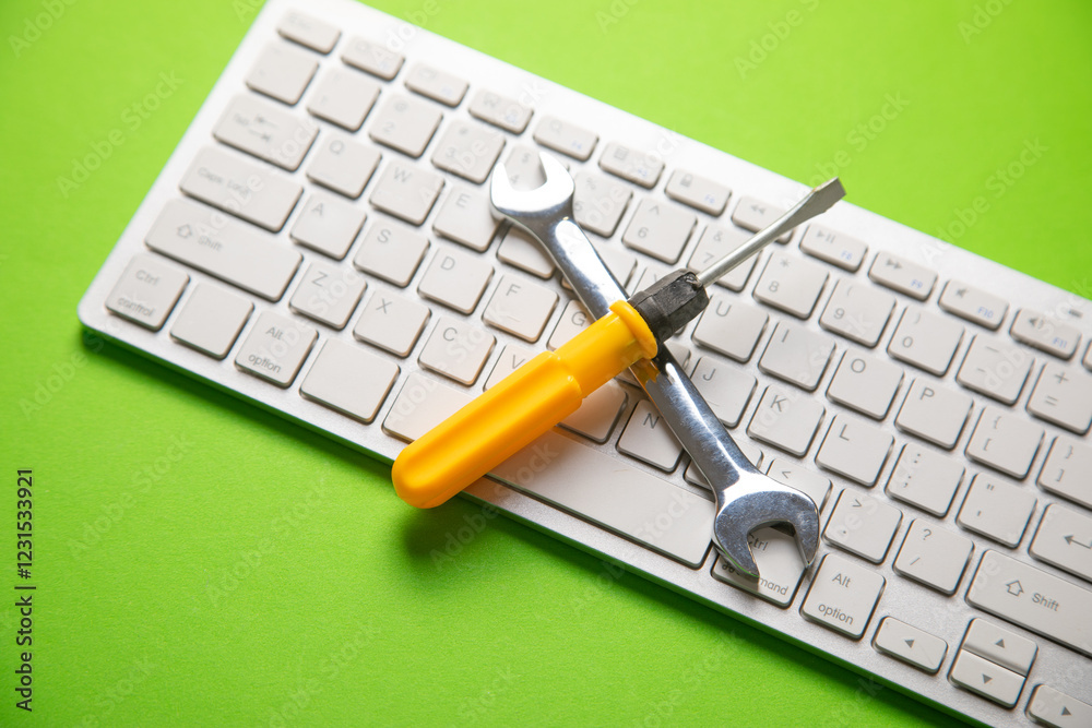 Wall mural wrench and screwdriver with a computer keyboard. it service. support