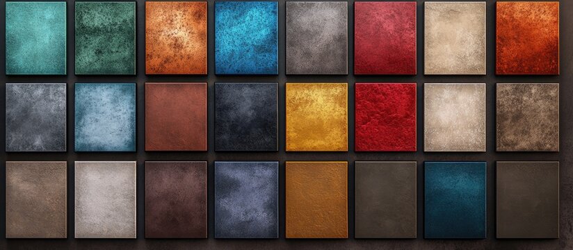 Variety of vibrant powder coat colors arranged in squares on a neutral background showcasing textures and finishes for creative applications.