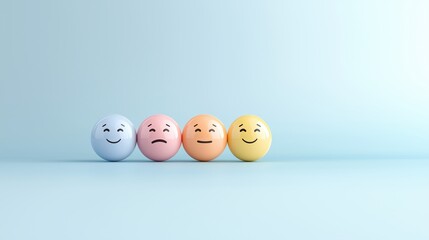 Four emoji spheres with varied expressions on blue background. Emotional diversity and mental health awareness