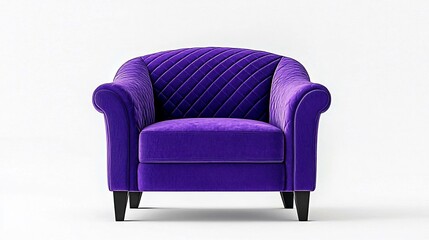 Elegant purple armchair with diagonal stitching in a minimalistic studio setting