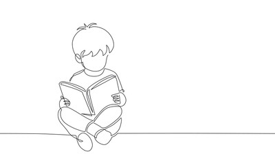 Continuous Line Drawing of Little Boy with Book in Sitting Pose. One Line Drawing of Child with Book. Reading or Library, Education Concept Single Line Vector Illustration.