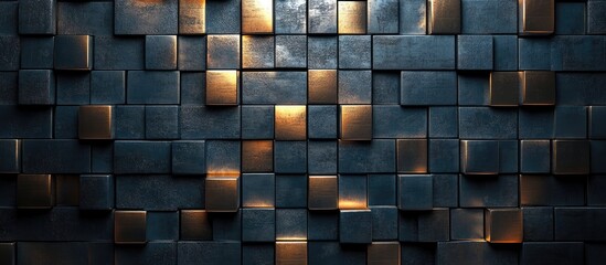 Abstract metallic background with dark blue and gold square tiles arranged in a grid pattern, creating a modern, innovative texture and design.