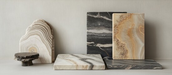 Elegant display of abstract slab stone designs in soft beige, grey, and creamy tones on a stylish grey background with a brochure positioned to the side.