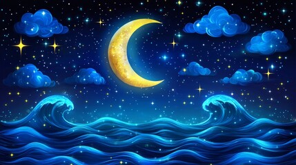 Pixelated Crescent Moon over a Dark Blue, Wavy Ocean at Night