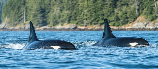 Fototapeta premium Two orcas swimming side by side in vibrant blue ocean water, with lush green coastline in the background highlighting their graceful movement.