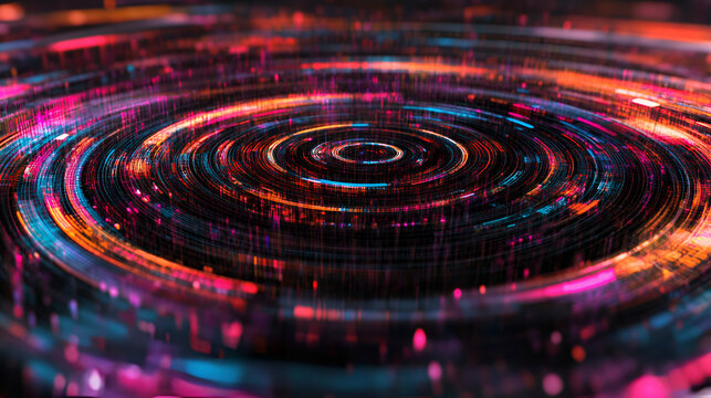 Abstract Digital Ripple: A mesmerizing abstract background of swirling neon concentric circles, pulsating with vibrant hues of pink, blue and orange.