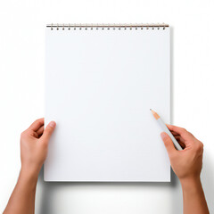 Hands Holding a Blank Spiral-Bound Sketchbook with a Pencil
