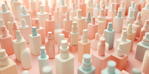 Obraz premium Pastel Beauty Product Bottles: A captivating array of pastel-colored cosmetic bottles in various shapes and sizes creates a visually stunning and trendy display. The soft.