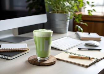 A modern, minimalist shot of matcha tea in a glass. A wellness morning ritual setup with a glass of matcha, a journal before starting work
