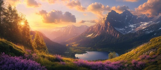 Serene mountain landscape at sunset with vibrant pink and purple flowers in foreground, golden sun rays illuminating majestic peaks and lake.