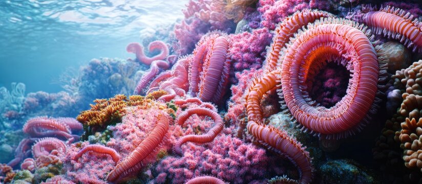 Vibrant coral reef scene featuring pink Acanthastrea coral with roundworm species intertwined showcasing marine ecosystem dynamics in clear blue water