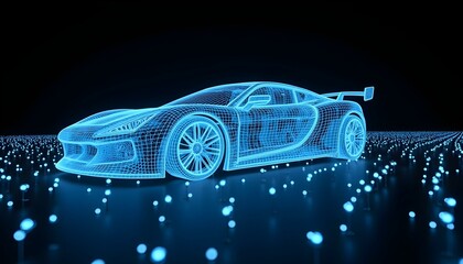 Futuristic Wireframe Car – Glowing Blue Digital Design with Mesh Structure, Technology Innovation, and AI-Driven Automotive Concept in a High-Tech Environment on a Dark Background