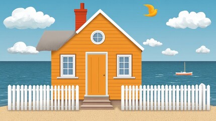 Orange beach house with white picket fence, ocean view, and sailboat