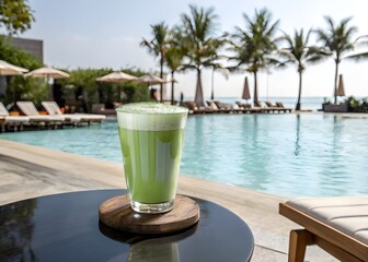A close-up of a transparent glass filled with frothy matcha, isolated on a relaxing background