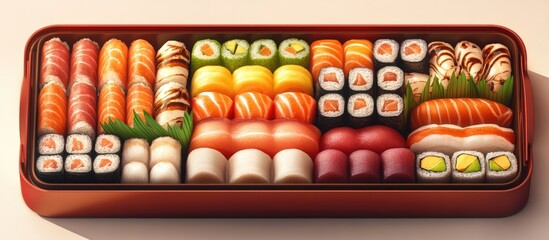 Vibrant bento box filled with assorted sushi rolls including nigiri, maki, and colorful toppings arranged neatly for an enticing culinary experience