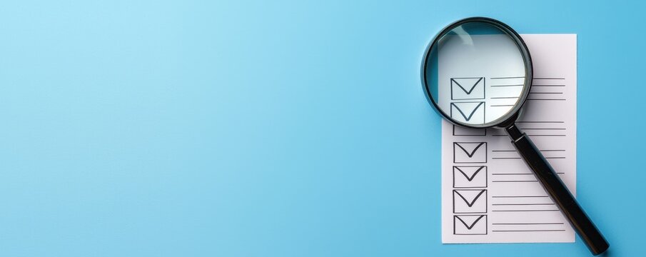 goal setting motivation evaluation concept. Magnifying glass over a checklist on a light blue background.