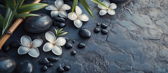 Fototapeta premium Bamboo and white flowers arranged harmoniously with smooth black pebbles on a textured gray stone backdrop creating a tranquil spa ambiance