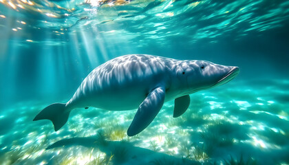 Naklejka premium Stunning Dugong Underwater Photo Seagrass Sunlight