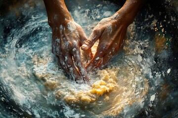 Hands knead dough in a bowl, flour dusting the air, creating a rustic, culinary scene.