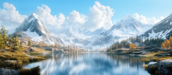 Fototapeta premium Snowy mountains tower over a crystal-clear lake mirroring the serene landscape with vibrant autumn foliage on the shore under a bright blue sky.