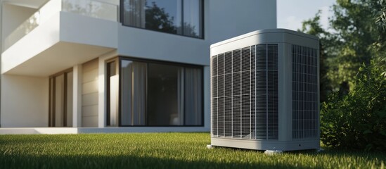 Modern outdoor air conditioning unit on green grass in front of contemporary home with large windows, showcasing sleek design and natural surroundings.
