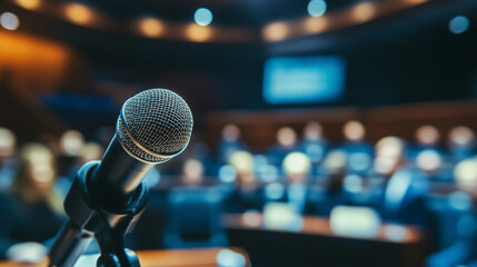 A microphone stands in focus in a large conference hall, with a blurred audience in the background, symbolizing public speaking, debate, or legal proceedings.  
