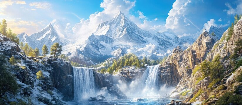 Majestic landscape featuring vibrant blue sky and towering snowy mountains in the background with cascading waterfalls amidst lush green trees foreground. - Powered by Adobe