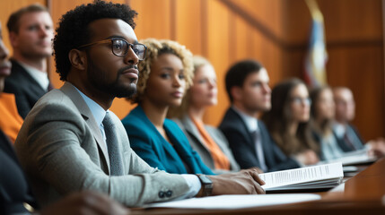 A diverse group of jurors attentively listens in a courtroom, reviewing documents and analyzing evidence during a legal trial.  
