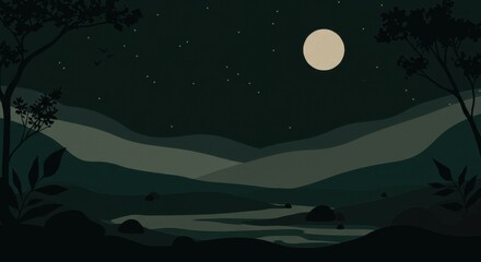 Fototapeta premium Serene night landscape with a full moon illuminating tranquil hills