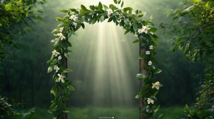 Fototapeta premium A rustic floral arch made of wildflowers and greenery, placed in a dense forest clearing with sunlight streaming through the trees