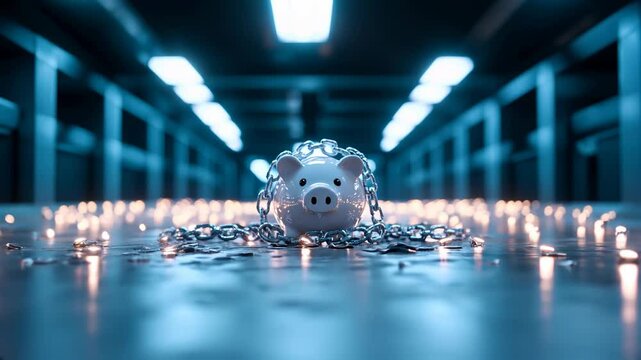 Une tirelire cochon encha&icirc;n&eacute;e au milieu d'un beau d&eacute;cor. Une couloir avec des n&eacute;ons.